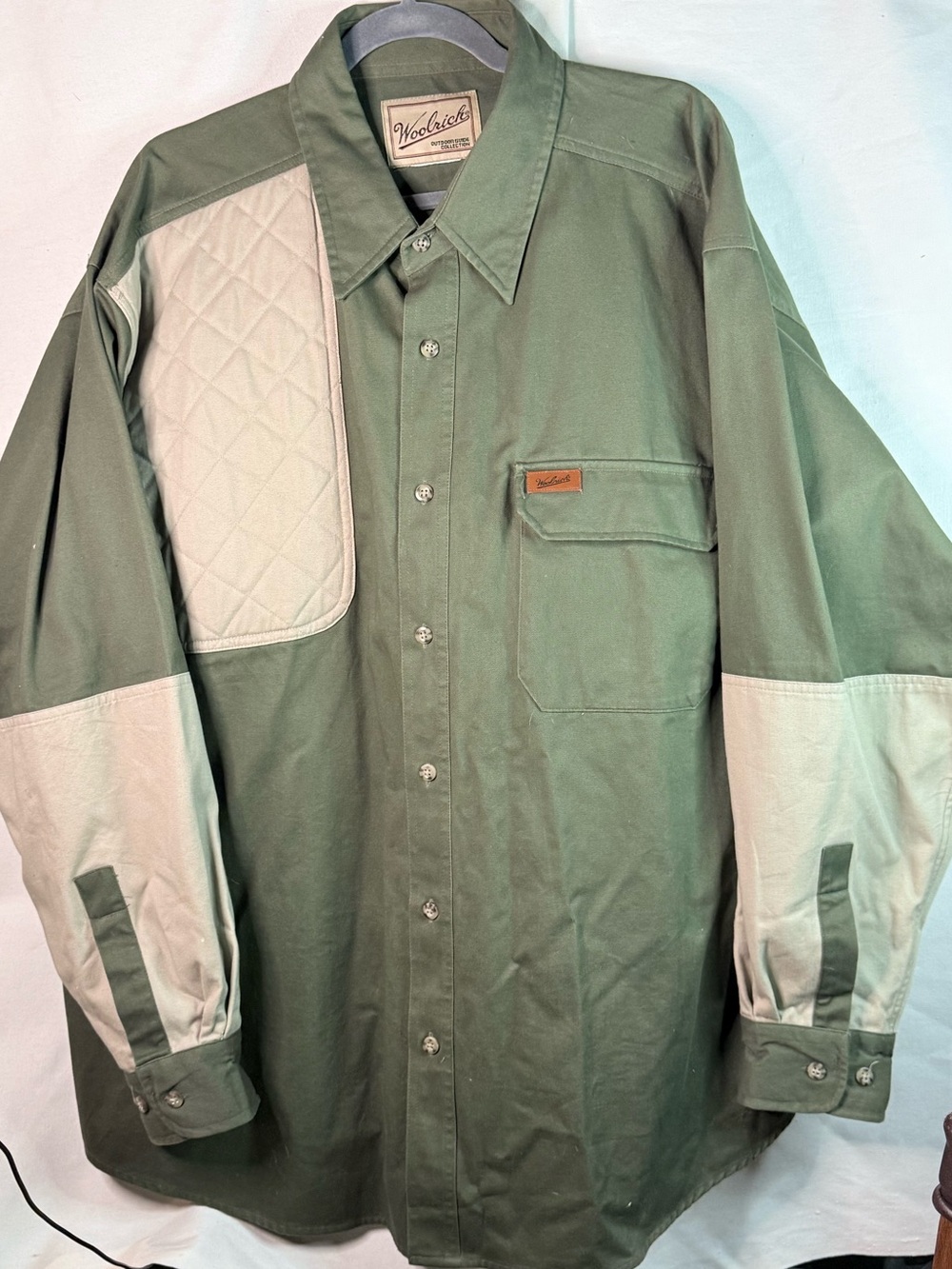 Woolrich Olive and Cream Quilted-Panel Button Down Shirt